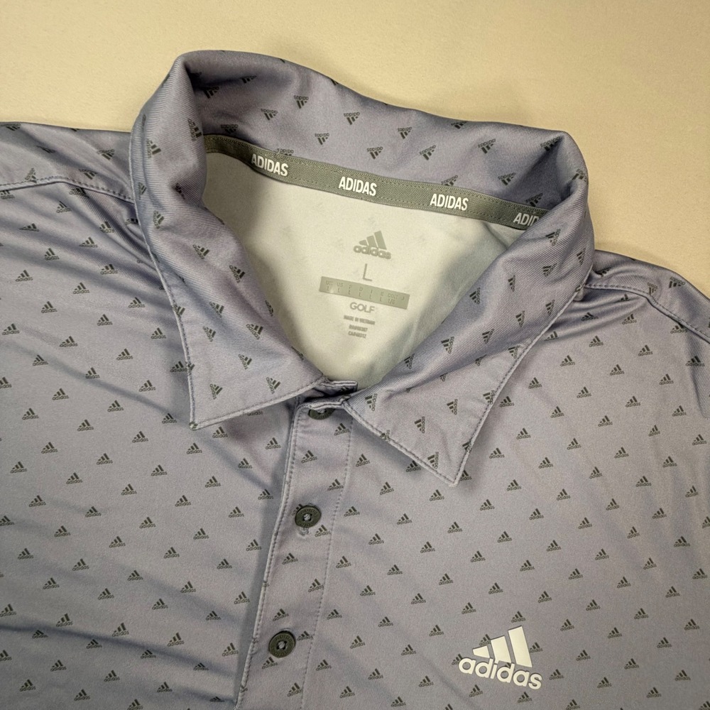 Adidas Golf Mens Large Purple All Over Logo Print Short Sleeve Polo Shirt 0413